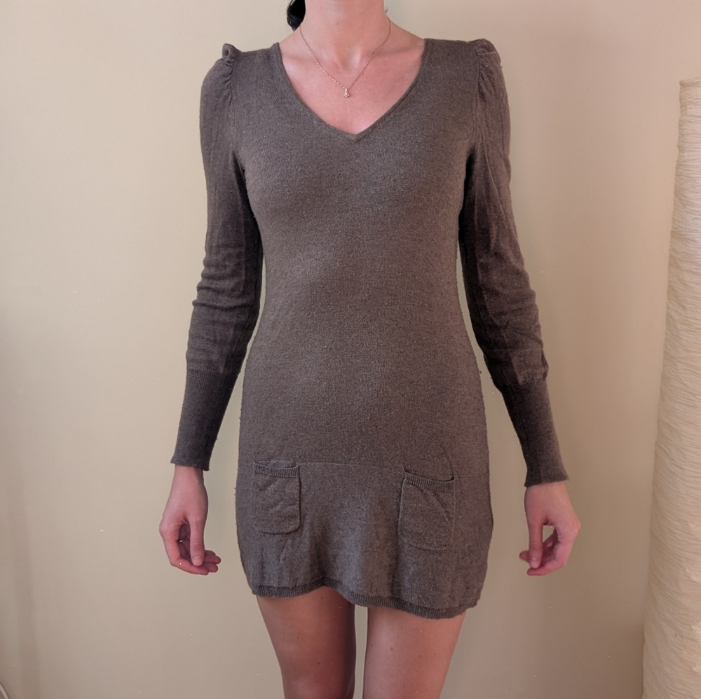 Sinéquanone Paris Light Brown Wool Blend Sweater Dress - Size M | V-Neck Mini - Picture 3 of 16